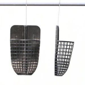 May include: A pair of black, geometric earrings. Each earring features a rectangular top and a cage-like, basket-shaped bottom. The earrings hang from thin, silver-colored wires against a white background.