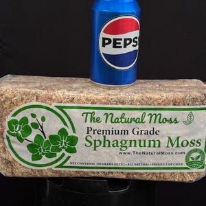 May include: A package of The Natural Moss Premium Grade Sphagnum Moss with a blue Pepsi can on top. The moss package has a green and white label with the text "The Natural Moss" and "Sphagnum Moss".