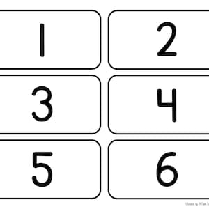 May include: Black and white image of six rectangular cards with numbers 1 through 6 written in black.