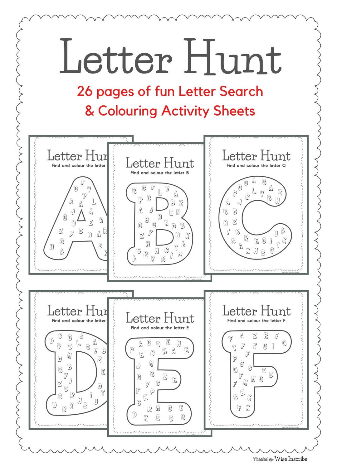 26 Letter Hunt Alphabet Worksheets Printable ABC Colouring Nursery EYFS