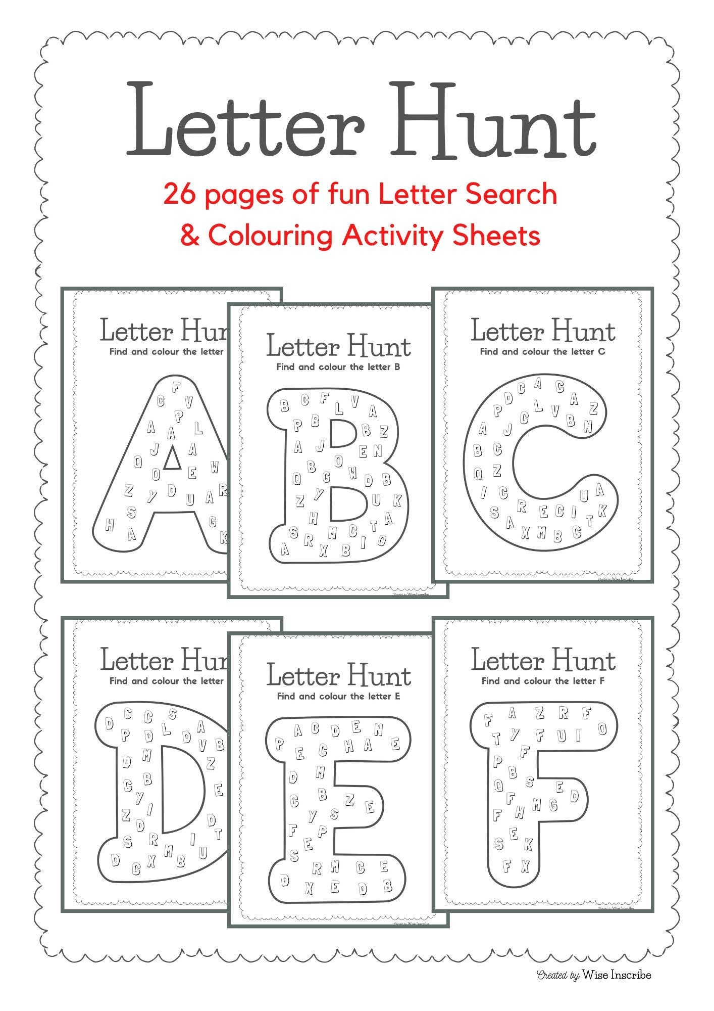 26 Letter Hunt Alphabet Worksheets Printable ABC Colouring Nursery EYFS Preschool Resources