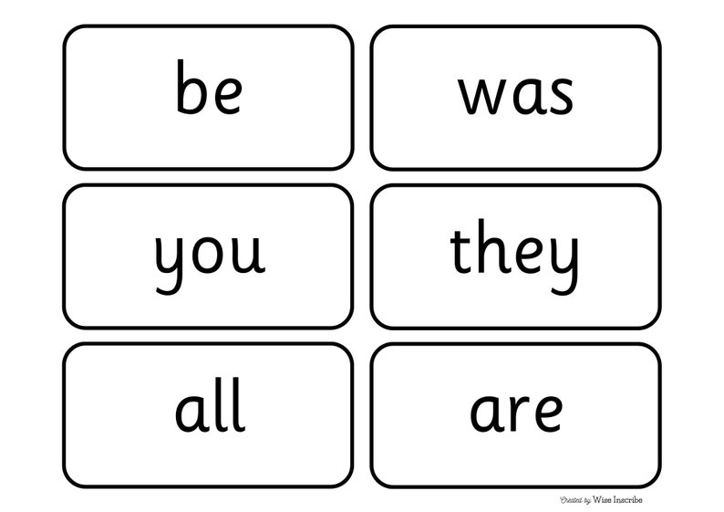May include: Black and white flashcards with the words "be", "was", "you", "they", "all", and "are" printed on them.