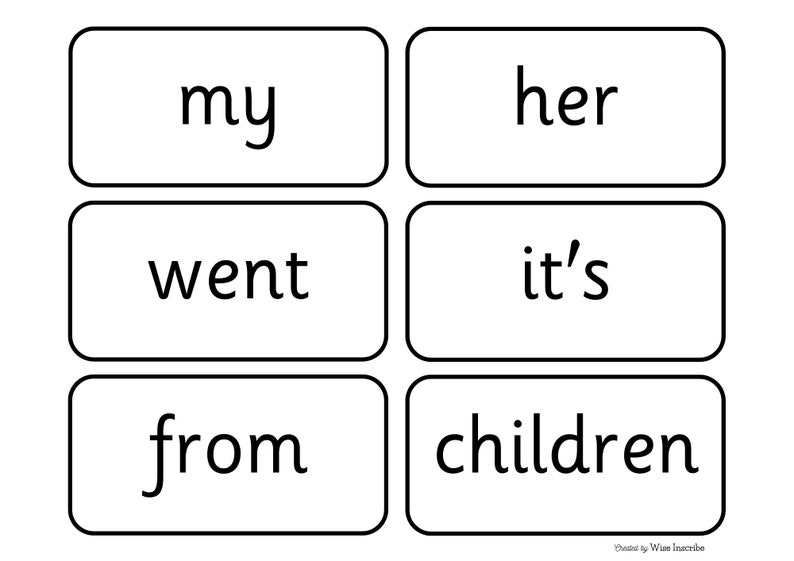 May include: A set of six white cards with black text. The words on the cards are "my", "her", "went", "it's", "from", and "children".