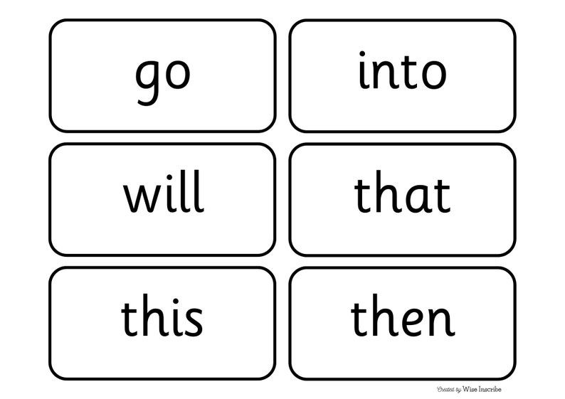 May include: Black and white image of six white rectangular cards with black outlines. Each card has a single word printed in black on it: go, into, will, that, this, then.