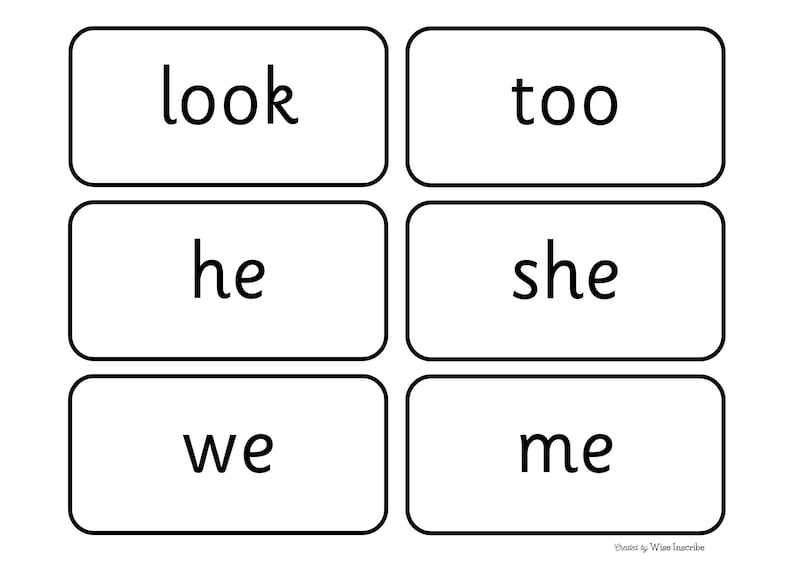 May include: Black and white image of six flashcards with the words "look", "too", "he", "she", "we", and "me" written on them.