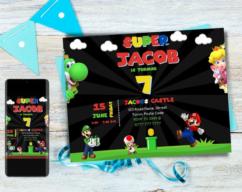 Editable Kids Party Invite Digital Birthday Invitation Super Mario Kids Birthday Invite Easily Customise Download Share Or