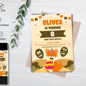 Editable Kids Birthday Invitation, Cute Fox Kids Birthday Invite, Download, Printable Canva Template, Minimalist Design