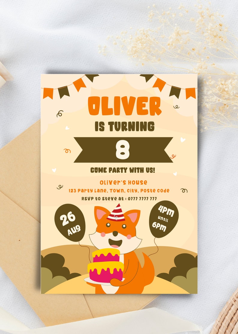 Editable Kids Birthday Invitation, Cute Fox Kids Birthday Invite ...