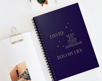 Minimal Indigo, I Invite Bliss Joy Peace Love Abundance, Lined Spiral Journal Notebook