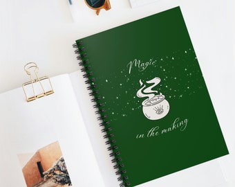 Dark Green Magic Cauldron, Magic in the Making, Lined Spiral Journal Notebook