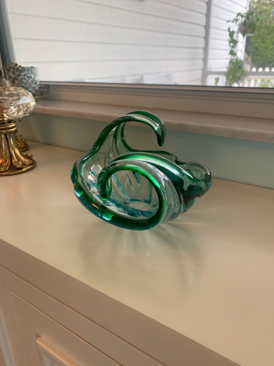 Murano Candy Dish Art Glass Vintage Green and Blue Hand Blown Mid