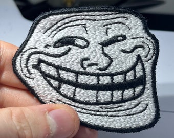 Trollface Embroidered Patch with Sew On, Iron On or Hook and Loop Backing
