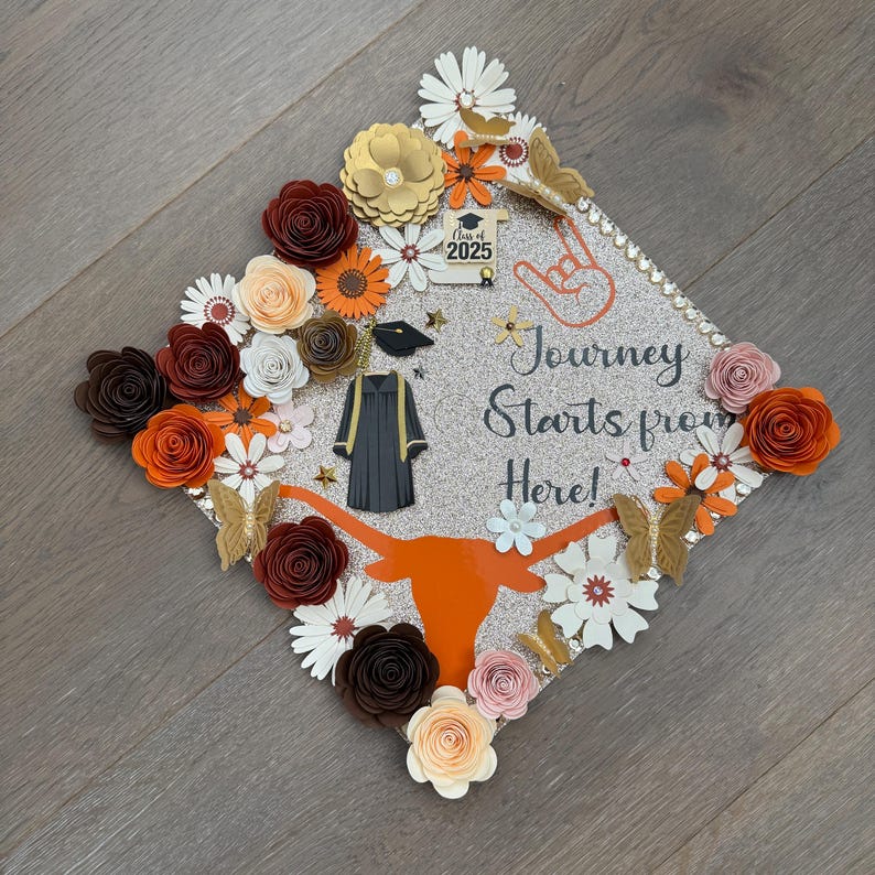 Graduation Hat Rocks Personalized Graduation Cap Topper: Handmade Paper Flowers, Glitter ...