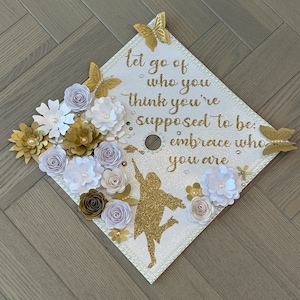 Personalized Grad Cap, Custom Graduation Cap Topper, Senior Class Gift, Tassel Grad Quote, White and Gold