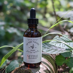 Könnte beinhalten: Eine braune Glasflasche mit Tropfer, beschriftet mit "Of The Valley Herbs Nettle Herbal Tincture 2 ounces". Die Flasche steht auf einem Baumstamm in einer Waldumgebung.