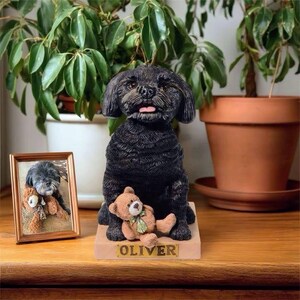 Puede incluir: Estatua de perro negro con un oso de peluche, sentada sobre una base que dice "OLIVER". A la izquierda hay una foto enmarcada de un perro con un oso de peluche. El fondo incluye plantas en macetas.