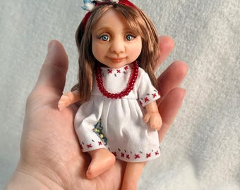 OOAK Miniature Ukrainian Art Doll | Handmade Tiny Girl in Vyshyvanka & Red Beads | Traditional Folk Heritage Figurine