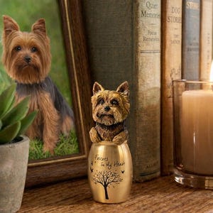 Può includere: Una statuina di Yorkshire Terrier è appoggiata su un'urna d'oro con le parole "Forever in My Heart" e un disegno di un albero. Una foto incorniciata di uno Yorkshire Terrier e libri d'epoca sono sullo sfondo. Una candela accesa è in un portacandele di vetro.