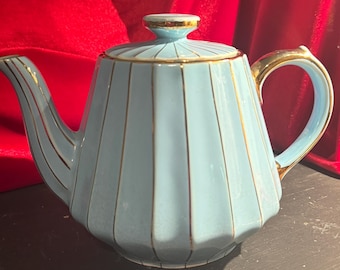 Vintage Sadler Teapot Blue Flowers, Embossed Swirl Gold Trim FREE Shipping