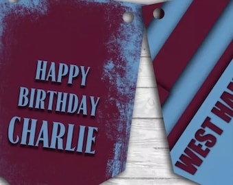 Personalised football bunting , West Ham  colour football bunting , soccer bunting , football decorations, football party, ribbon,