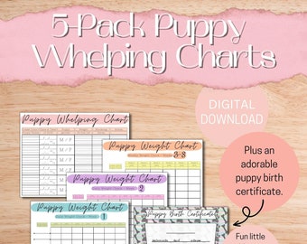 May include: Five printable puppy whelping charts in pink, purple, and blue with a paw print design. The charts include a puppy whelping chart, a puppy weight chart, and a puppy birth certificate. The text "5-Pack Puppy Whelping Charts" is at the top of the image. The text "DOWNLOAD & PRINT" is at the bottom of the image.