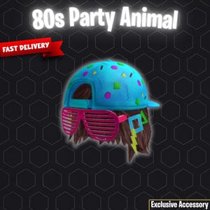 May include: A novelty accessory featuring a blue cap with colorful geometric shapes, pink shutter shades, and brown hair. The text "80s Party Animal" is displayed above the accessory. A red banner reads "Fast Delivery".