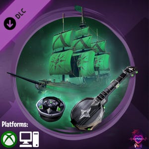 Könnte beinhalten: Digitale Illustration mit einem Schiff mit grünen Segeln, einem Banjo und einem Kompass. Das Schiff hat ein Totenkopf-Design auf den Segeln. Das Banjo ist schwarz mit einem weißen Stern. Der Kompass ist schwarz und silber. Der Text "DLC" und "Platforms:" mit Xbox- und PC-Symbolen.