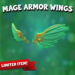 Peut inclure: Une paire d'ailes d'armure de mage vertes et dorées stylisées. Les ailes ont un design en forme de roue dentée à la base et sont étiquetées "LIMITED ITEM!" sur une bannière rouge. Le texte "MAGE ARMOR WINGS" est en haut.