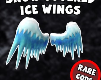 May include: Snow Covered Ice Wings, a pair of blue ice wings with icicles, against a black background. The text "Rare Code" is in a red circle.