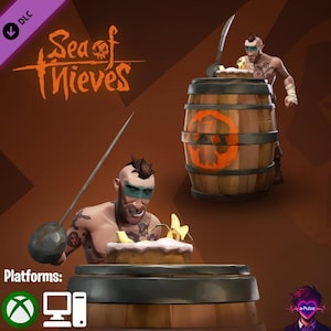 May include: A promotional image for the video game "Sea of Thieves" featuring a muscular character with tattoos, a mohawk, and face paint. The character is posed with a sword and a cake. A wooden barrel with an orange emblem is also present. The game's logo is visible.