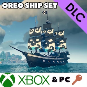 Puede incluir: Un barco pirata negro con diseños de calaveras y olas blancas en las velas. El barco navega sobre agua azul bajo un cielo nublado. El texto "OREO SHIP SET" está en la parte superior y "XBOX & PC" en la inferior.
