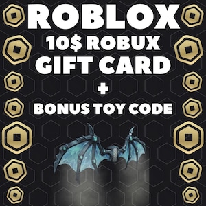 May include: A Roblox 10$ Robux gift card and bonus toy code featuring white text on a black background with a hexagonal pattern and gold coin icons. Below the text is an illustration of dark, icy, bat-like wings with teal accents.