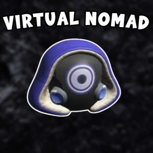 Puede incluir: Un personaje azul con capucha, borde blanco y cara negra con un círculo blanco y un centro azul. El texto "VIRTUAL NOMAD" está por encima del personaje.