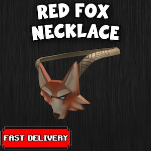 Puede incluir: Un collar de zorro rojo con un colgante de cabeza de zorro estilizado. El zorro tiene ojos azules y un hocico marrón claro. La banda del collar es de color marrón claro. El texto "RED FOX NECKLACE" está en la parte superior de la imagen y "FAST DELIVERY" en la parte inferior.