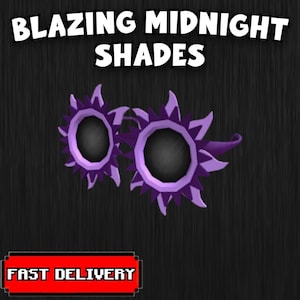 Puede incluir: Gafas de sol moradas con un diseño floral único. El texto "BLAZING MIDNIGHT SHADES" se muestra encima de las gafas de sol. La frase "FAST DELIVERY" está en un rectángulo rojo en la parte inferior.