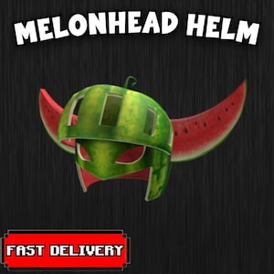 Puede incluir: Un casco verde y amarillo con temática de sandía, con interior rojo y dos rodajas de sandía como adornos. El texto "MELONHEAD HELM" está encima del casco, y "FAST DELIVERY" en un recuadro rojo debajo.
