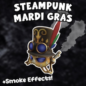 May include: A steampunk Mardi Gras design featuring a character with a top hat, goggles, and a mask. The hat is brown with gold accents and colorful feathers. Blue lenses and smoke effects complete the design.