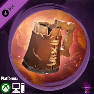 May include: A brown leather mug with a wooden handle, stitched together with tan thread. The mug is set against a blurred orange and purple background. The image includes the text "DLC" and "Platforms:" with console and PC icons.