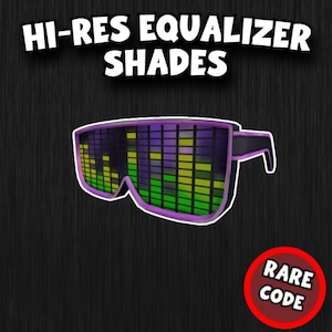 Puede incluir: Gafas Hi-Res Equalizer con montura morada y patillas negras. Las lentes muestran un gráfico de ecualizador colorido en verde, amarillo y morado. Un círculo rojo con el texto "RARE CODE" está en la esquina inferior derecha.