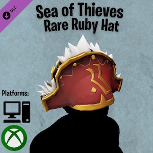 May include: A red and gold hat with white spikes, featuring the text "Sea of Thieves Rare Ruby Hat." The hat has a gold trim and a stylized gold design. The image also includes platform icons for PC and Xbox.