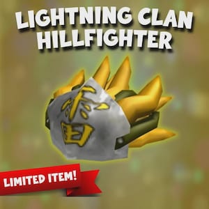 May include: A stylized helmet with gold spikes and a silver faceplate featuring yellow Japanese characters. The text "LIGHTNING CLAN HILLFIGHTER" is above the helmet, with a red banner reading "LIMITED ITEM!"