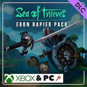 Puede incluir: Imagen promocional del "Sea of Thieves Ebon Rapier Pack" con una espada ropera, un escudo y una brújula. El escudo tiene un diseño de calavera. El texto "XBOX & PC" está en la parte inferior, con la etiqueta DLC en la esquina superior derecha.