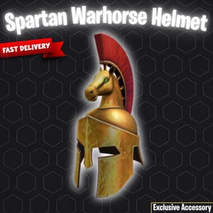 May include: A gold-colored Spartan Warhorse helmet with a red plume. The helmet features a horse head design and is labeled "Spartan Warhorse Helmet" and "Fast Delivery". The words "Exclusive Accessory" are also present.