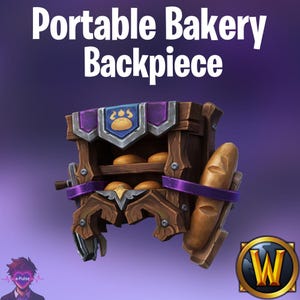 May include: A wooden portable bakery backpiece featuring two shelves holding round loaves of bread, a large baguette attached to the side, purple fabric accents, and a blue emblem with a bread icon. The text reads Portable Bakery Backpiece.