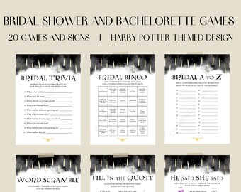May include: A set of 20 printable bridal shower and bachelorette games with a Harry Potter theme. The games include Bridal Trivia, Bridal Bingo, Bridal A to Z, Word Scramble, Fill in the Quote, and He Said She Said. The games feature a black and white background with gold accents and a design of candles and stars.