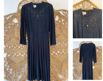 Goth 1980s Karin Stevens Long Sleeve Embroidered Dress with Beads & Button Details