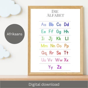 Cartel para niños Afrikaans alfabet reënboog, impresión educativa digital imprimible para niños para sala de juegos, guardería, aula, decoración de pared de escuela en casa
