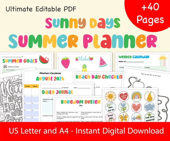 Ultimate Kids Summer Planner 2024 - Printable Activities, Chore Chart, and Calendars - Editable Digital Download