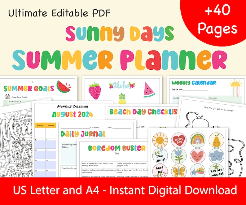 Puede incluir: Un planificador de verano imprimible colorido con m&aacute;s de 40 p&aacute;ginas. El planificador incluye un calendario mensual, un calendario semanal, un diario, una lista de verificaci&oacute;n para el d&iacute;a de playa, objetivos de verano y actividades para combatir el aburrimiento. El planificador est&aacute; disponible en tama&ntilde;os US Letter y A4.