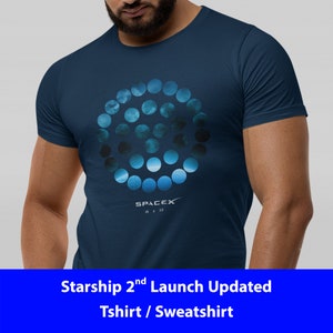 Può includere: Una t-shirt blu navy con un design circolare di cerchi blu e bianchi, che rappresentano la Terra. Il design è centrato sulla t-shirt e include il testo "SPACEX 18 II 23".
